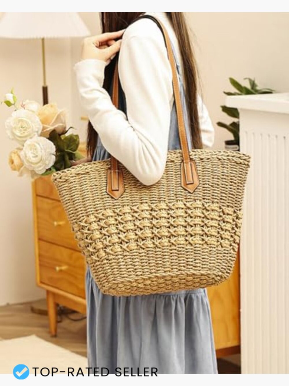 Handmade Straw Tote Bag Large Woven Summer Purse Bohemian Shoulder Bag Zipper - Picture 2 of 7